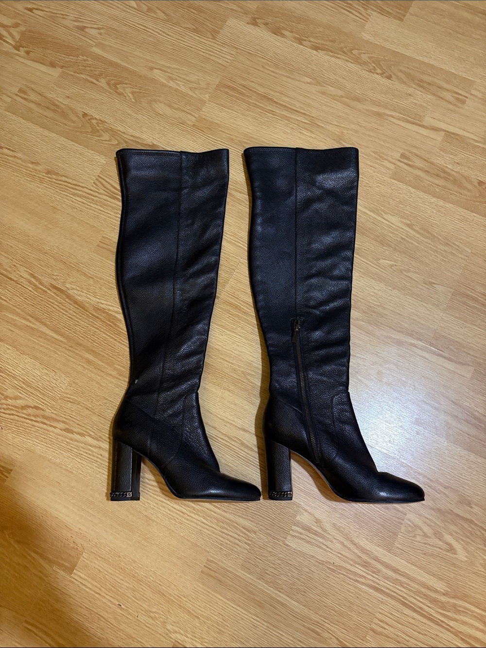 Black thigh-High Leather Block Heel Boots